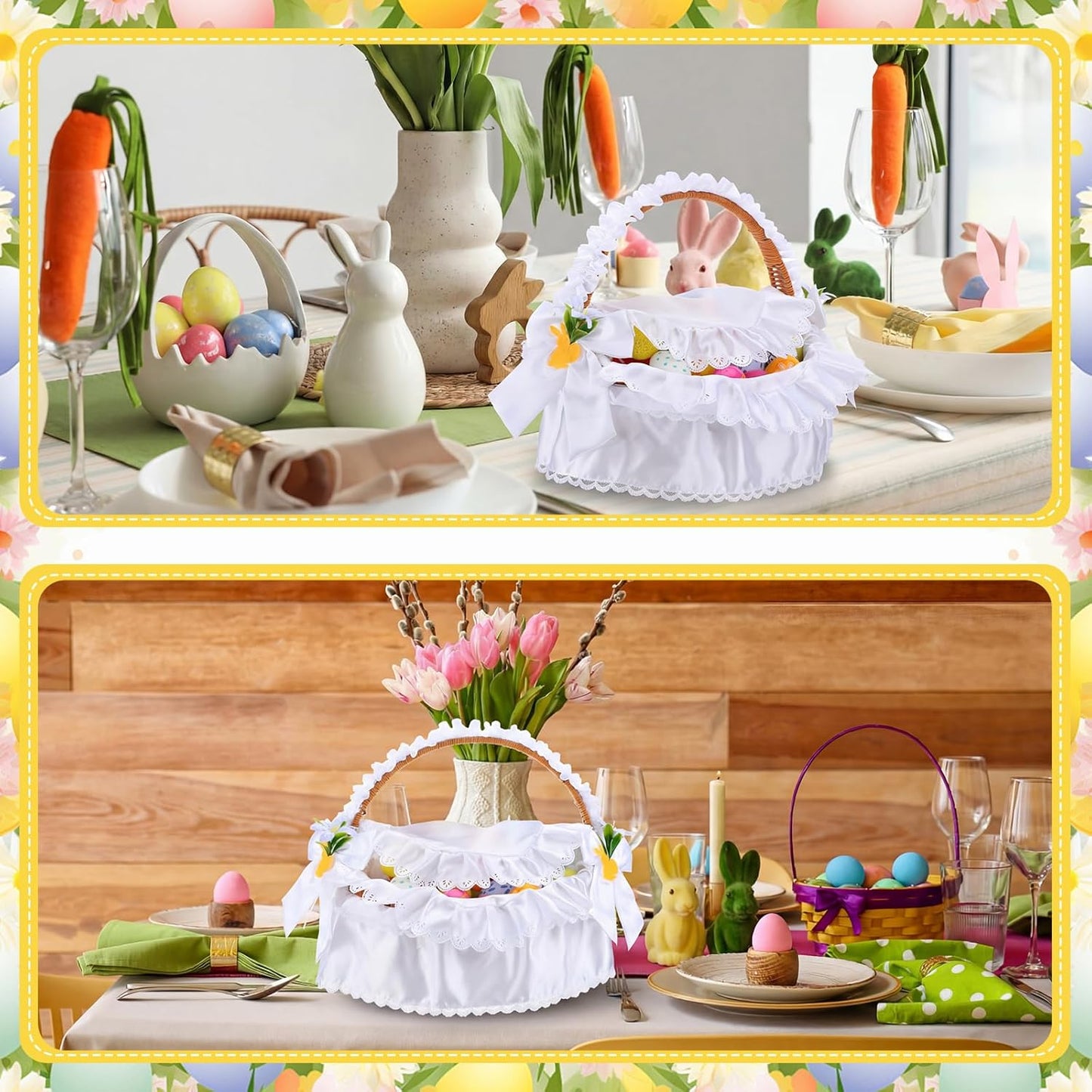 Juego de 6 fundas ortodoxas para cestas de Pascua, forro tela cesta encaje blanco, canasta, tapetes redondos y lazos con hierba de huevo