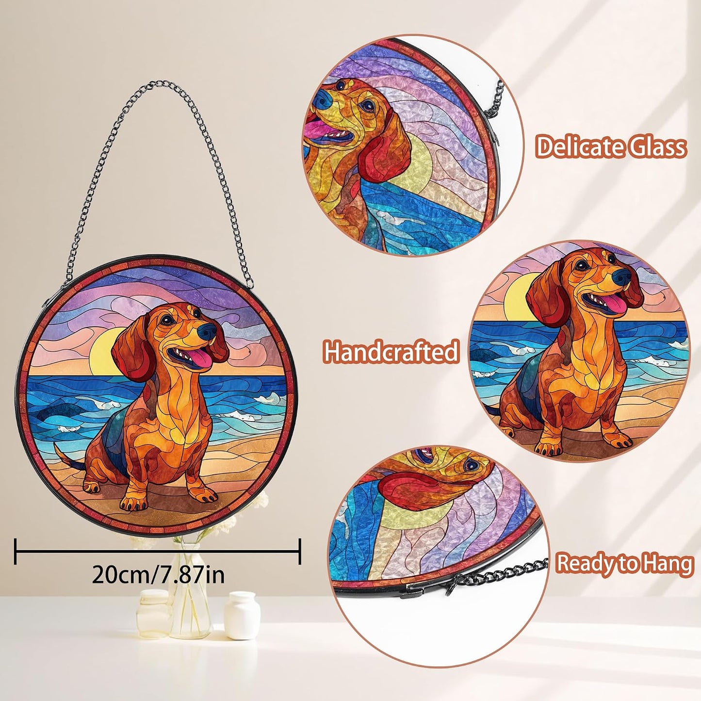 Perro salchicha colgar ventana arte cristal cadena metal