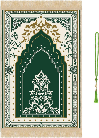 Alfombra oración musulmana verde con cuentas islámicas