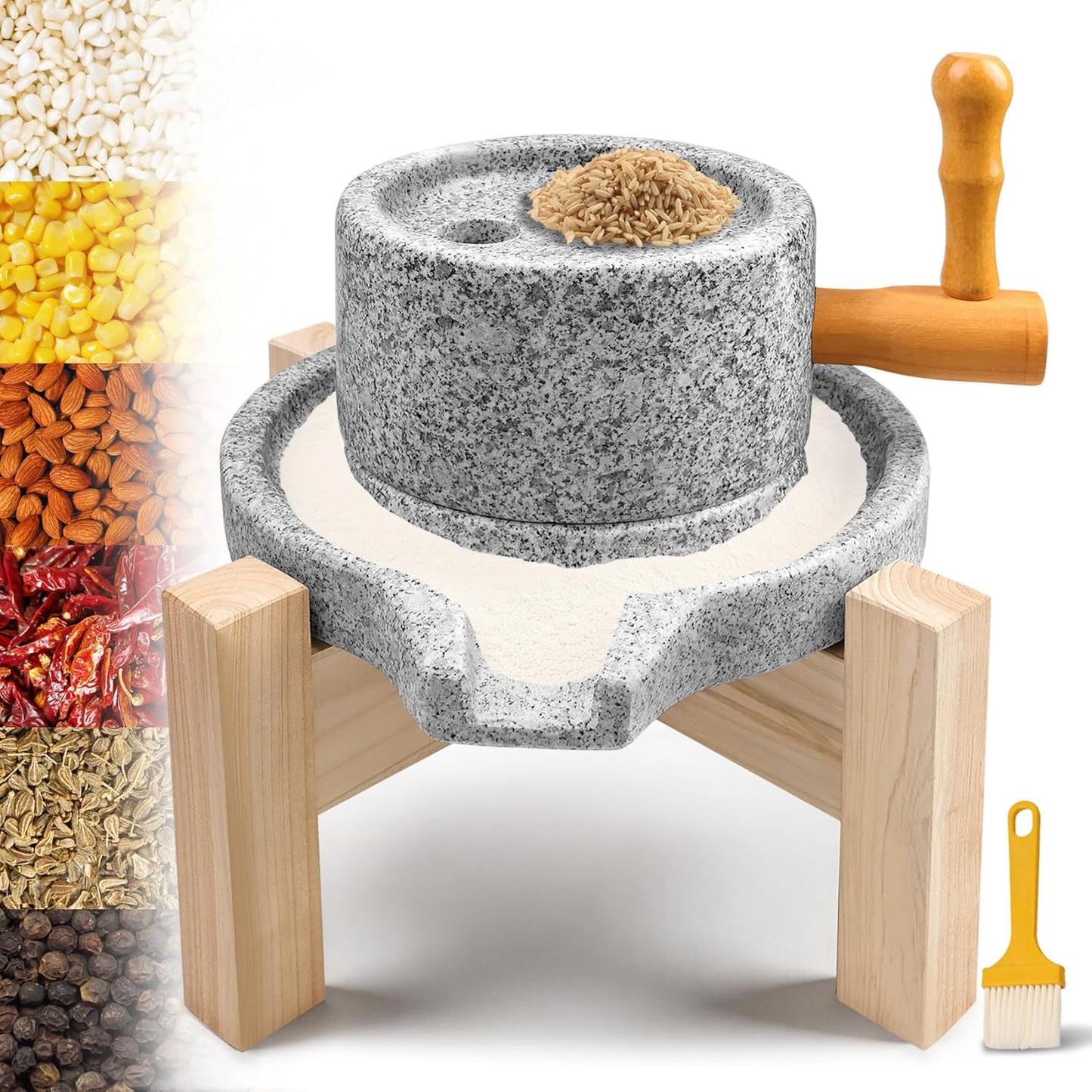 Molinillo de grano de piedra natural con base de madera y mango duradero