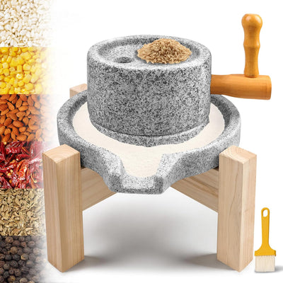 Molinillo de grano de piedra natural con base de madera y mango duradero