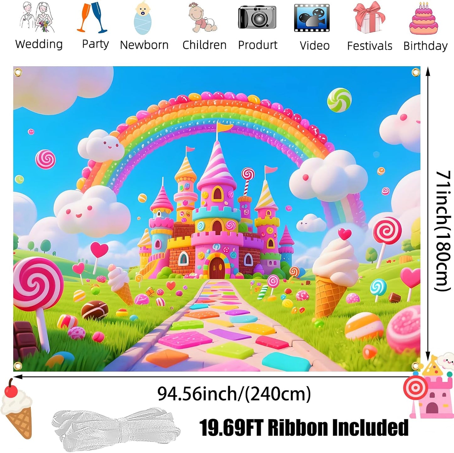 Telón fiesta dulces 8x6ft con cinta 19.69ft