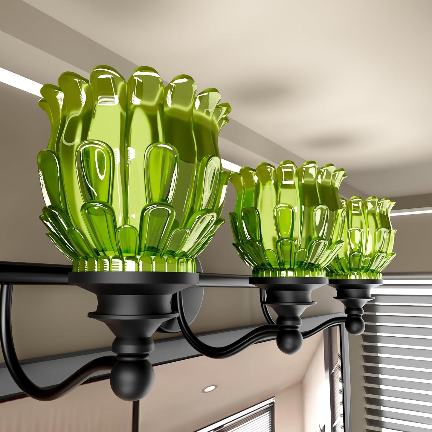 Lámpara baño 3 luces espejo moderna con cristal verde