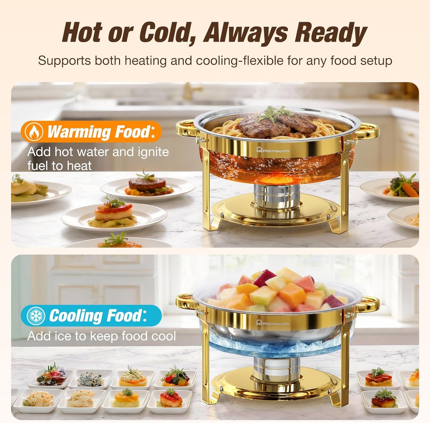 Set 6 Platos Acero Inox 6.5qt Con Tapa Vidrio Apilables Bufé