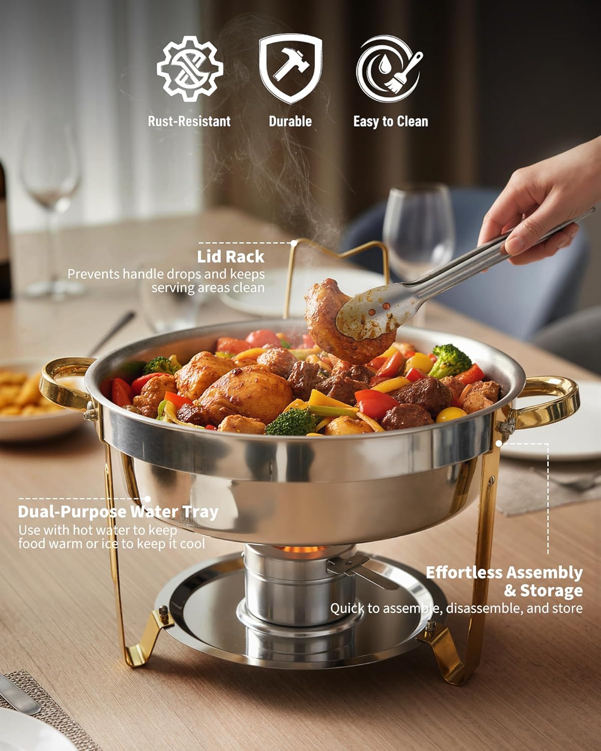 Set 4 Pzas Platos Acero Inox con Tapas Vidrio Calentador Bufé