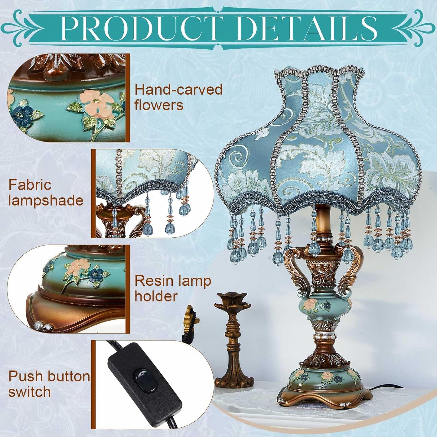 Lámpara mesa flores victorianas con mantel encaje vintage