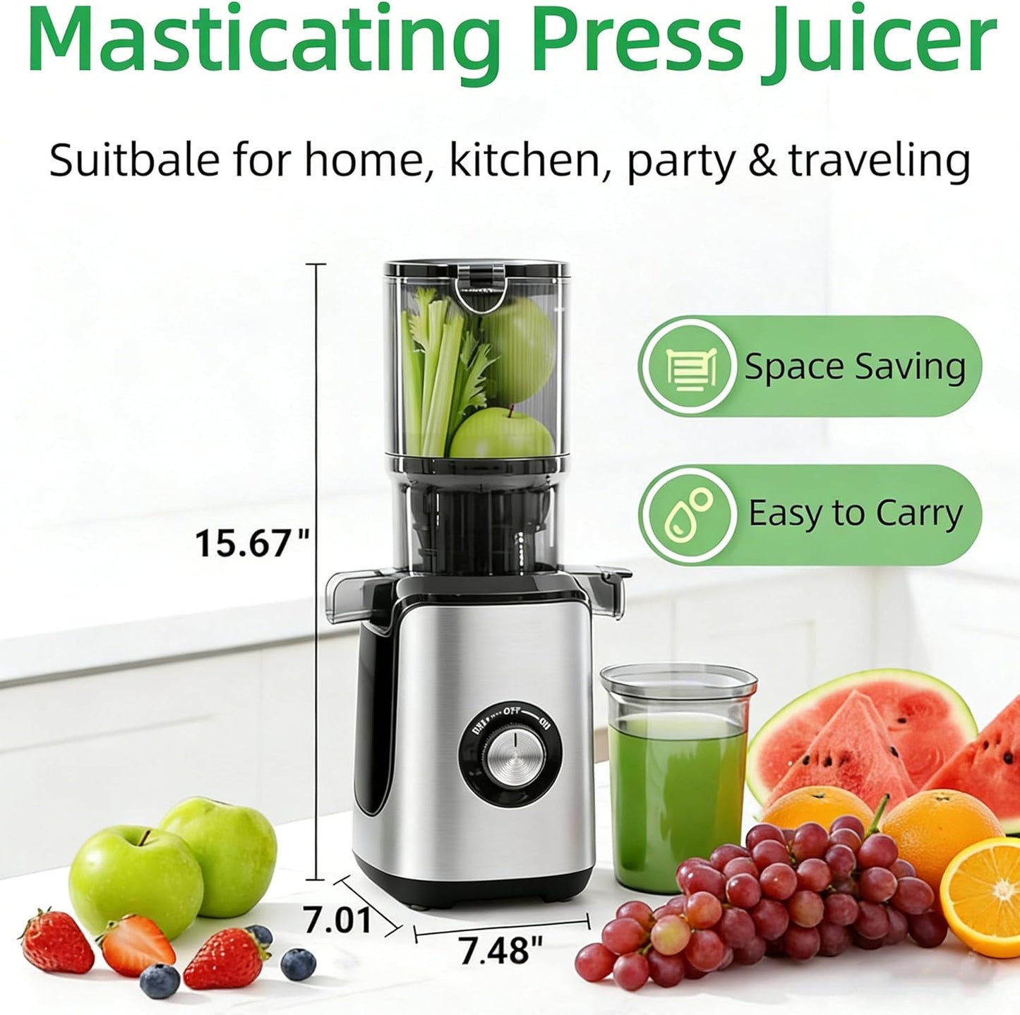 Exprimidor frío ancho canal para frutas y verduras sin BPA