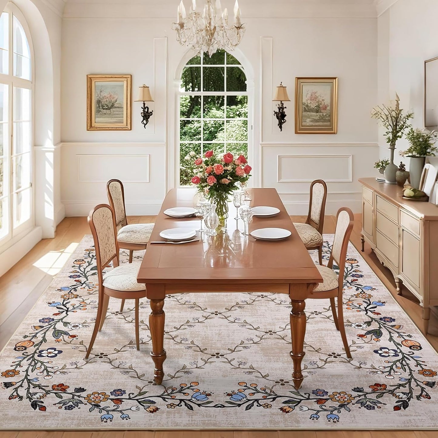 Alfombra floral 6x9ft antideslizante lavable dormitorio comedor