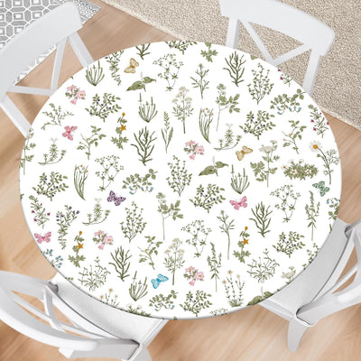 Mantel redondo ajustable con flores silvestres color verde salvia impermeable para picnic y fiestas