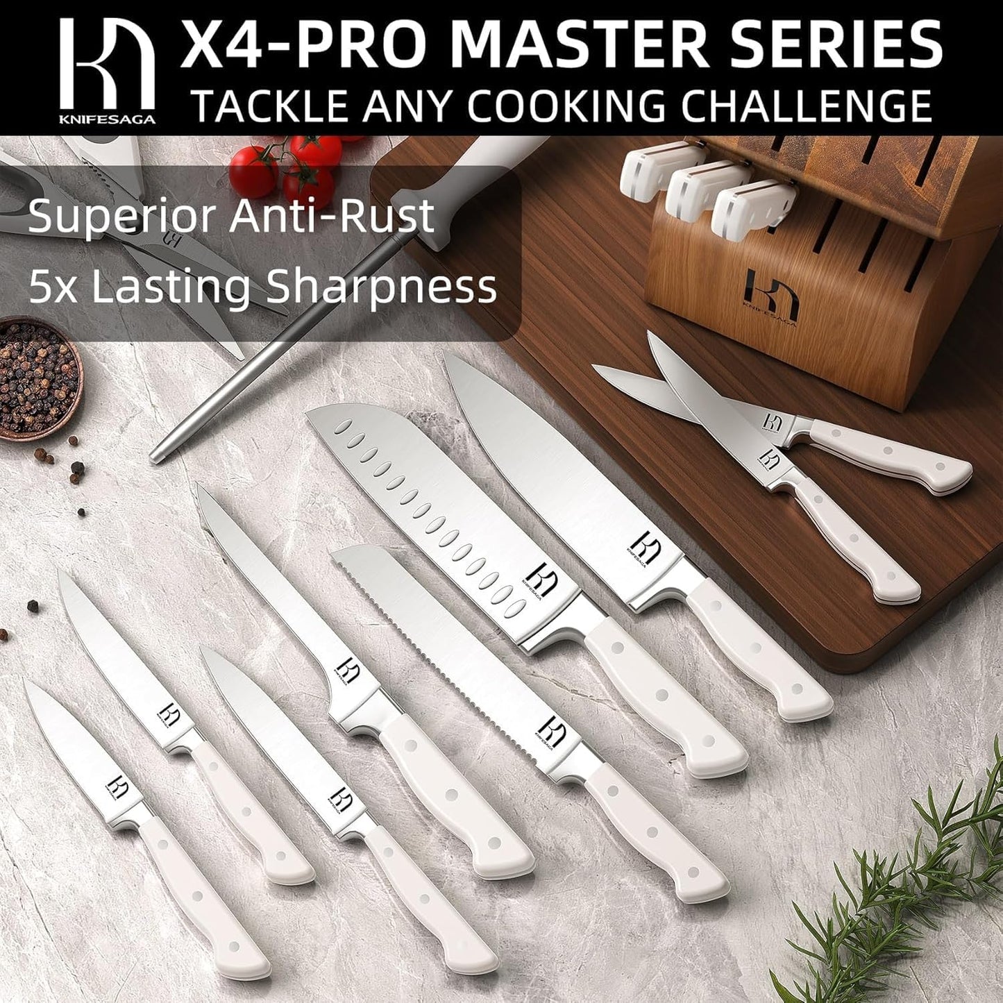 Set 15 Cuchillos Chef Acero Inox Bloque Afilador Acacia Blanca