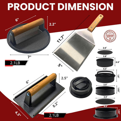 Kit barbacoa prensa hamburguesas hierro fundido 7 y 8.2x4.3