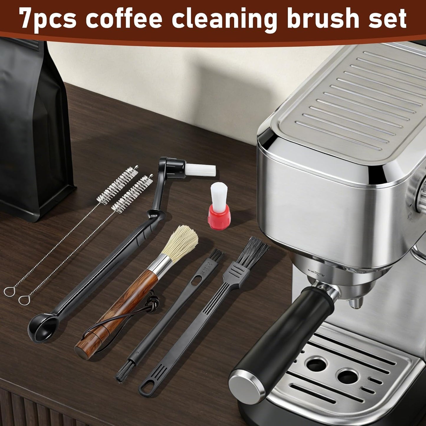Juego de cepillos de limpieza para molinillo de café 7 piezas kit madera de nogal