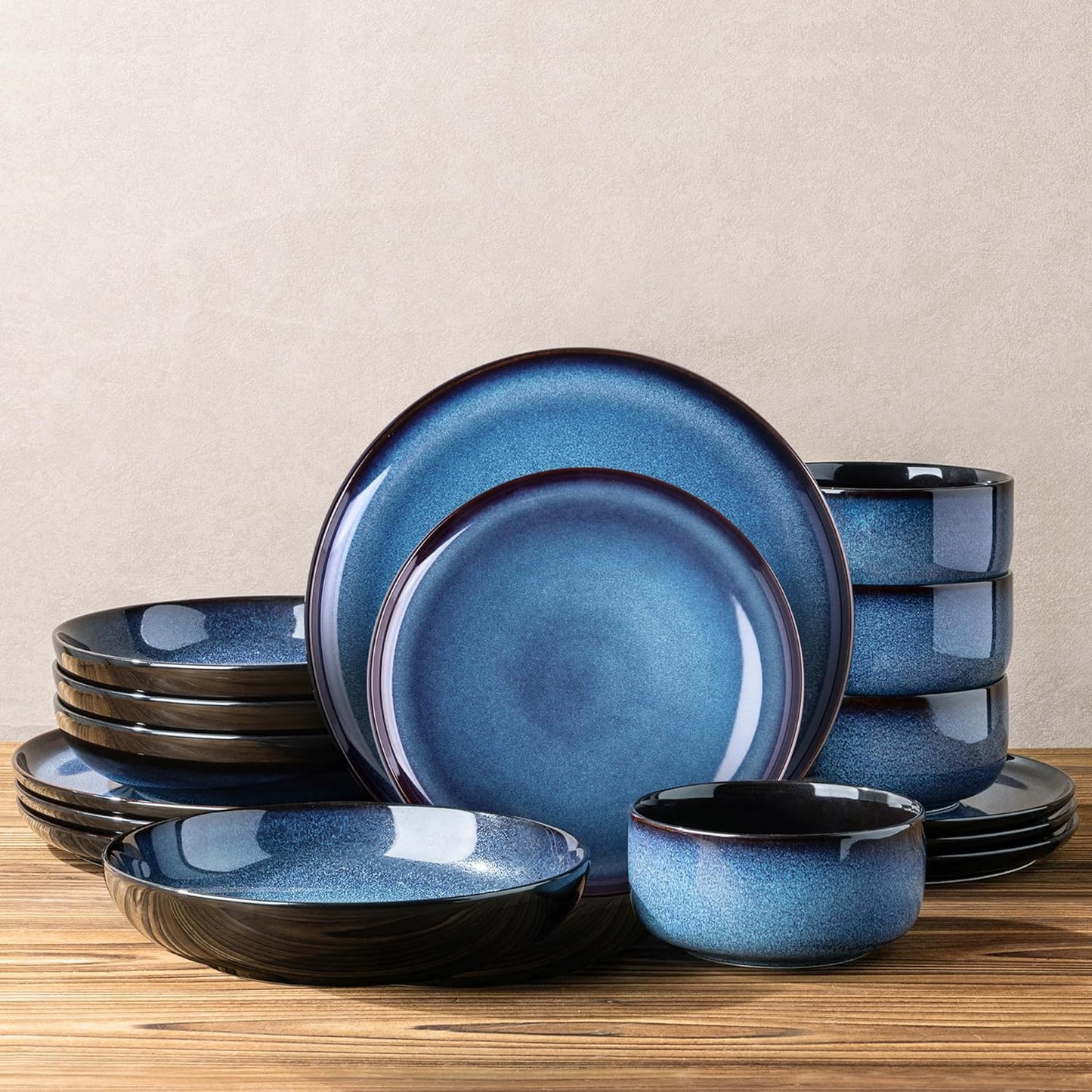 Set 16 Pzas Cerámica Plato y Tazón Pasta Resistente a Rayones Azul