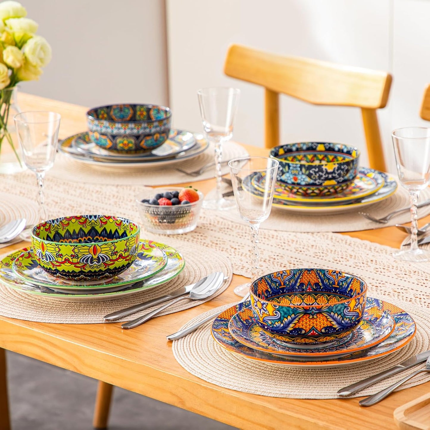 Set 18 Pzas Vajilla y 6 Tazones Sopa Porcelana Colorida 32oz
