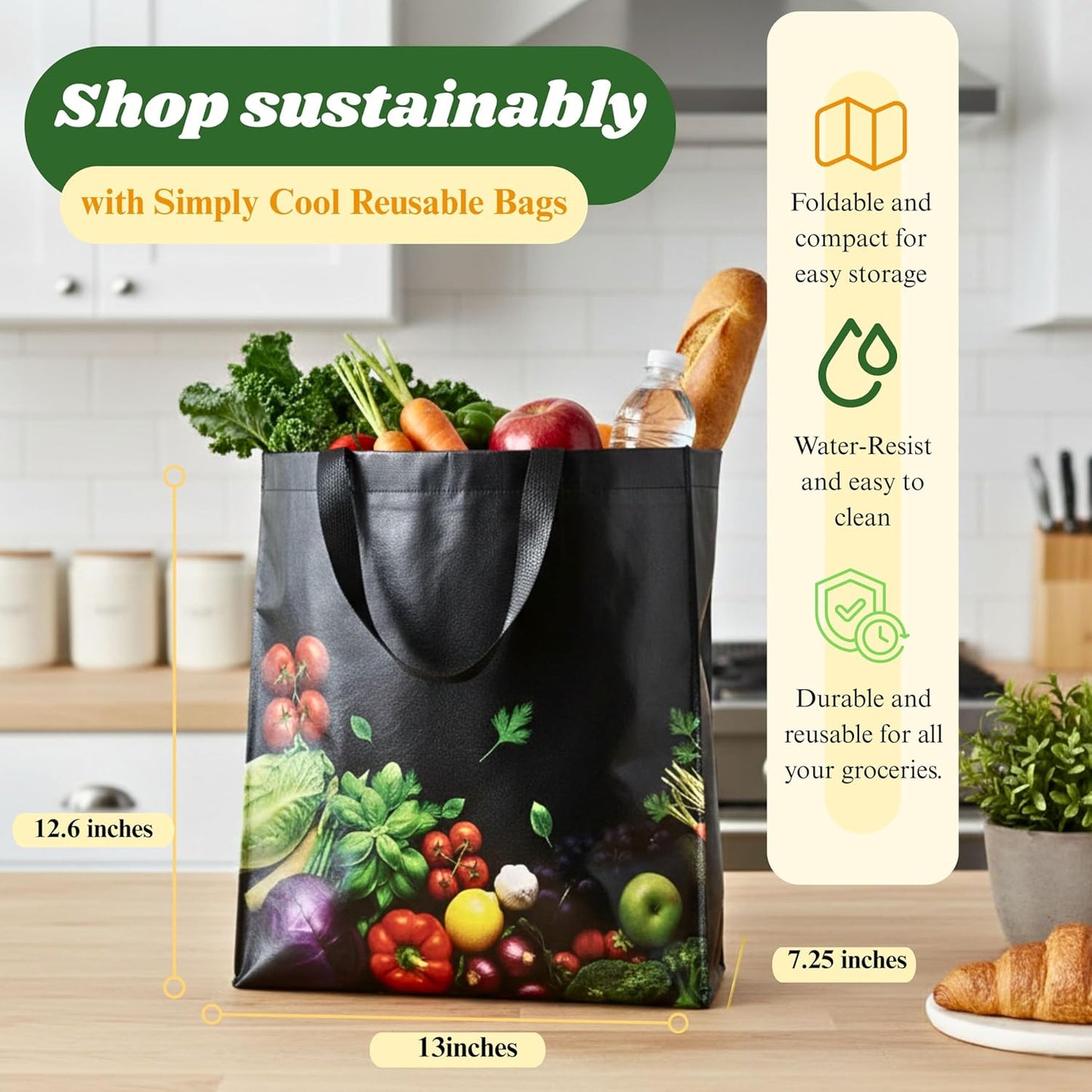 Bolsa reutilizable ecológica 13x12.6pulg plegable resistente