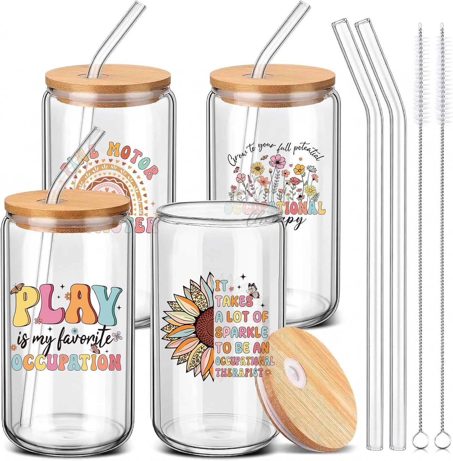 Vasos vidrio 16oz set 4 regalo terapeuta ocupacional