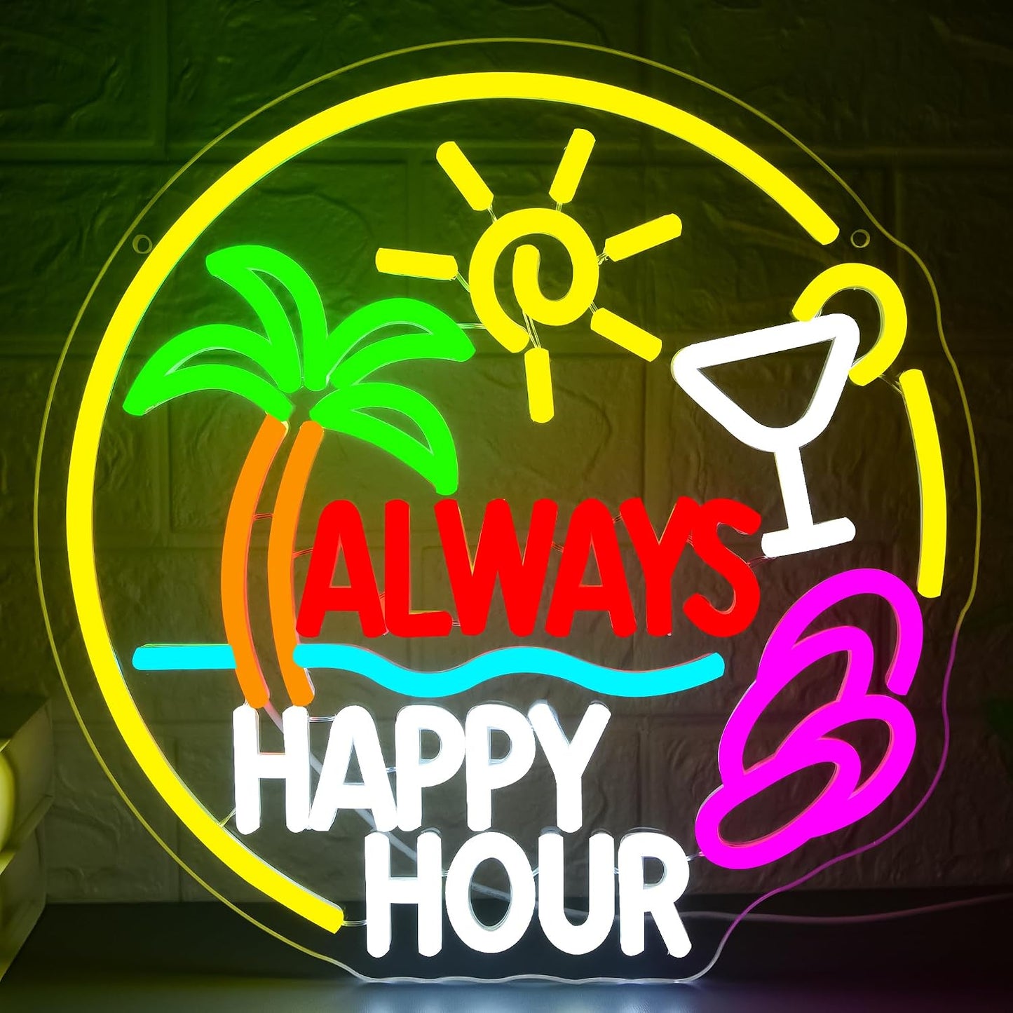 Letrero neón Always Happy Hour con palmera para cóctel