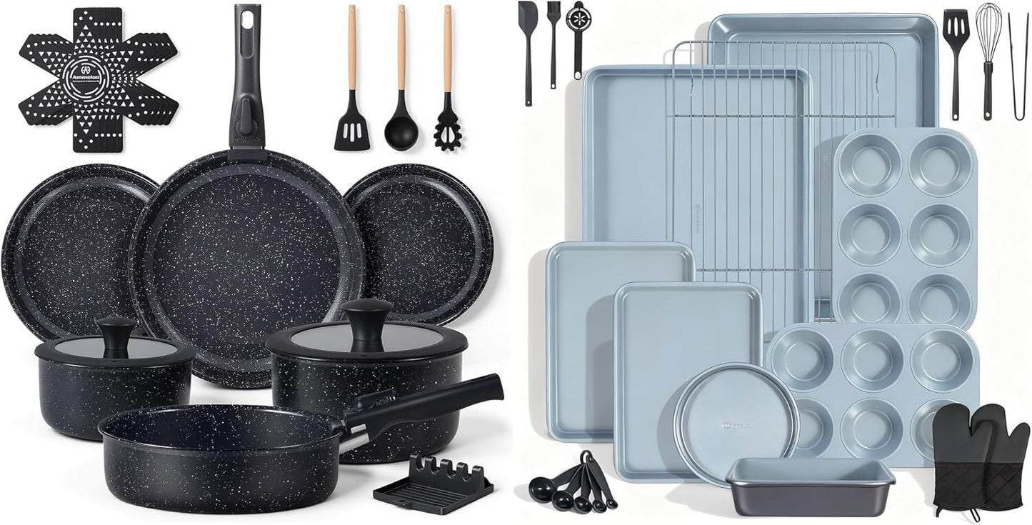 Set 21 Ollas Sartenes 22 Moldes Hornear Apilables Negro
