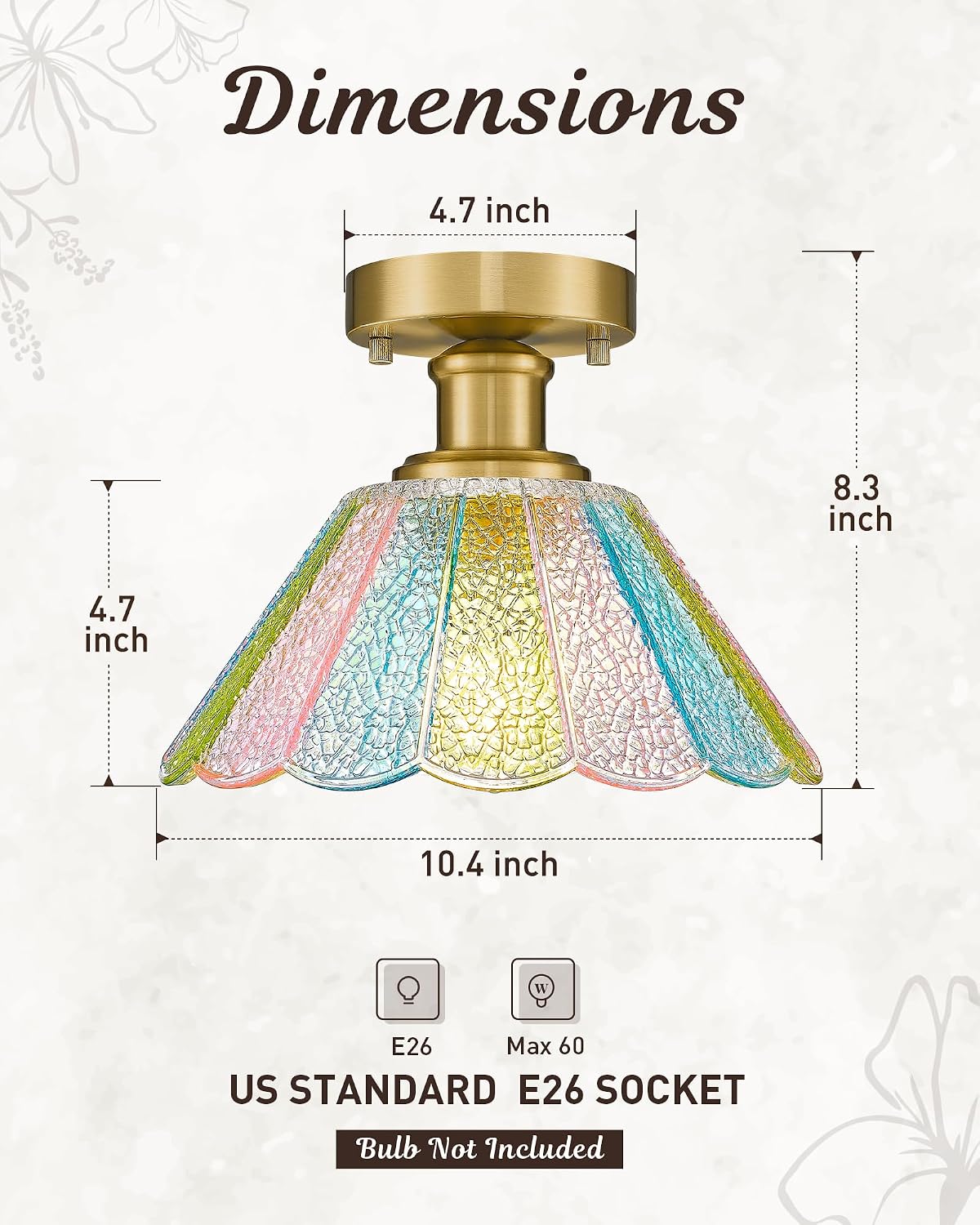 Lámpara techo moderna vidrio floral 10pulg dorado
