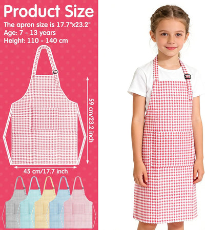 Delantal de cocina para niños con bolsillos, tejido de poliéster a cuadros, cuello ajustable
