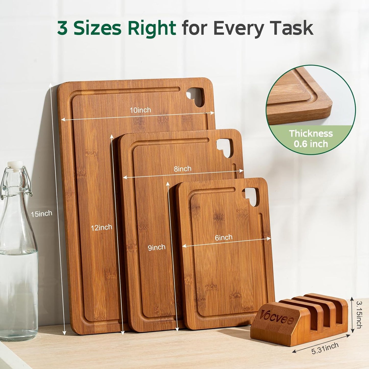 Tabla de cortar de bambú juego de 3 con soporte para cocina