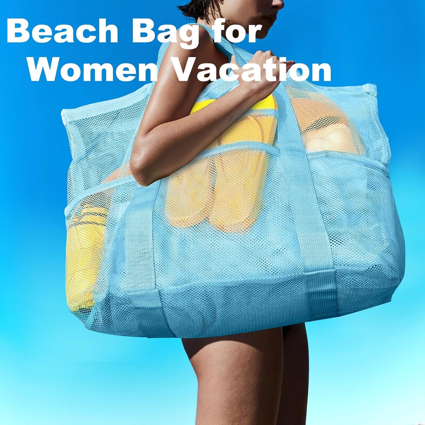 Bolsa playa malla con 8 bolsillos plegable para mujer
