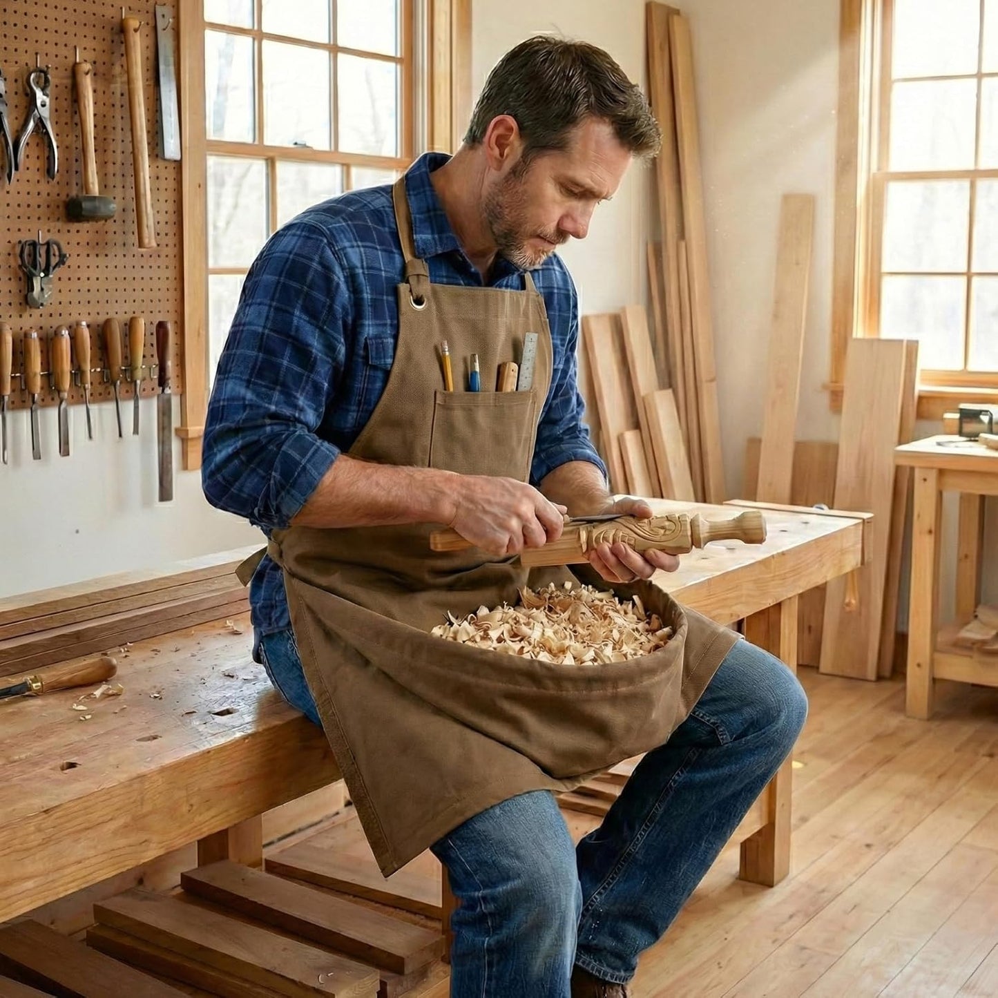 Delantal tallado madera bolsa virutas caqui ajustable