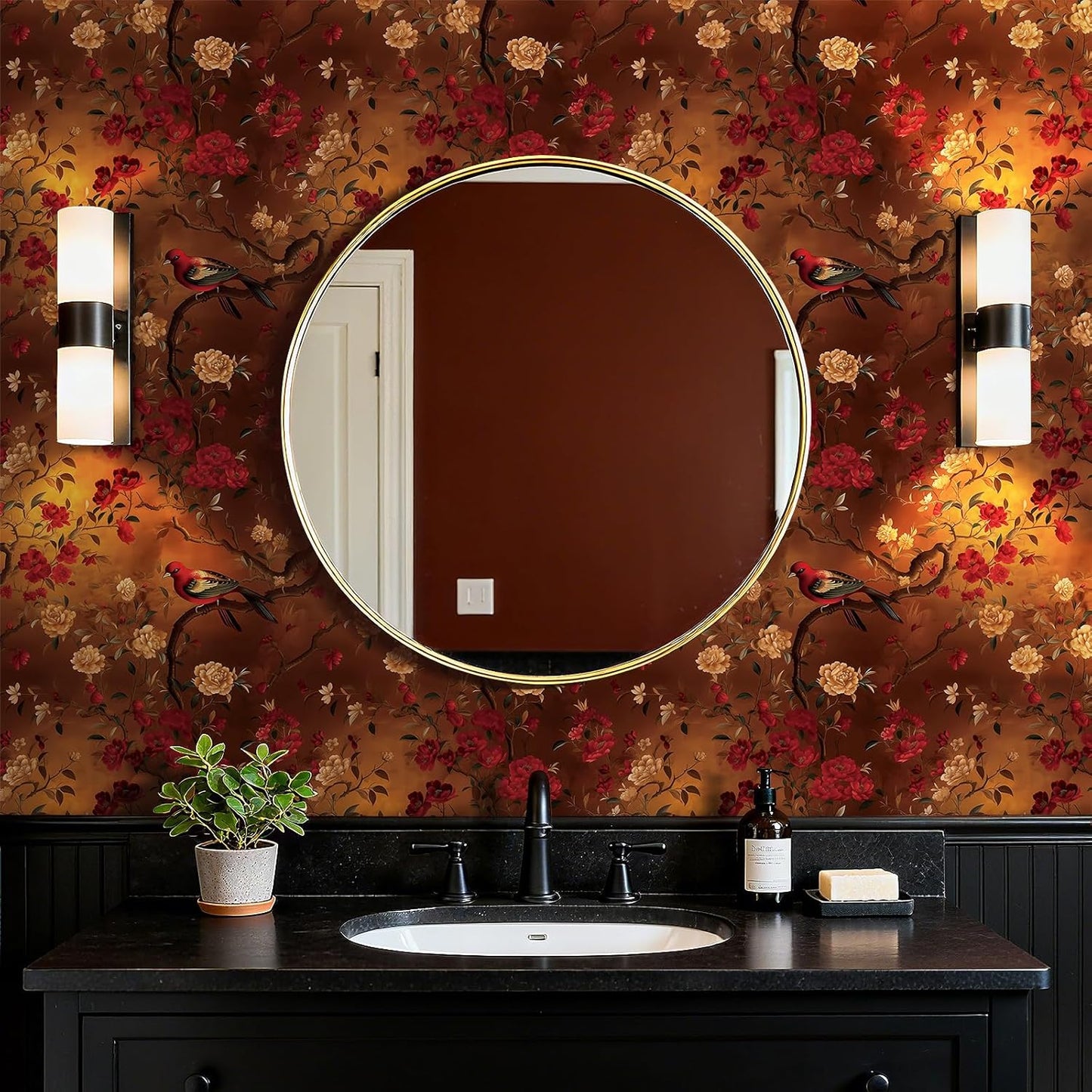 Papel tapiz cocina 17.5x276pulg diseño pájaros flores rojas