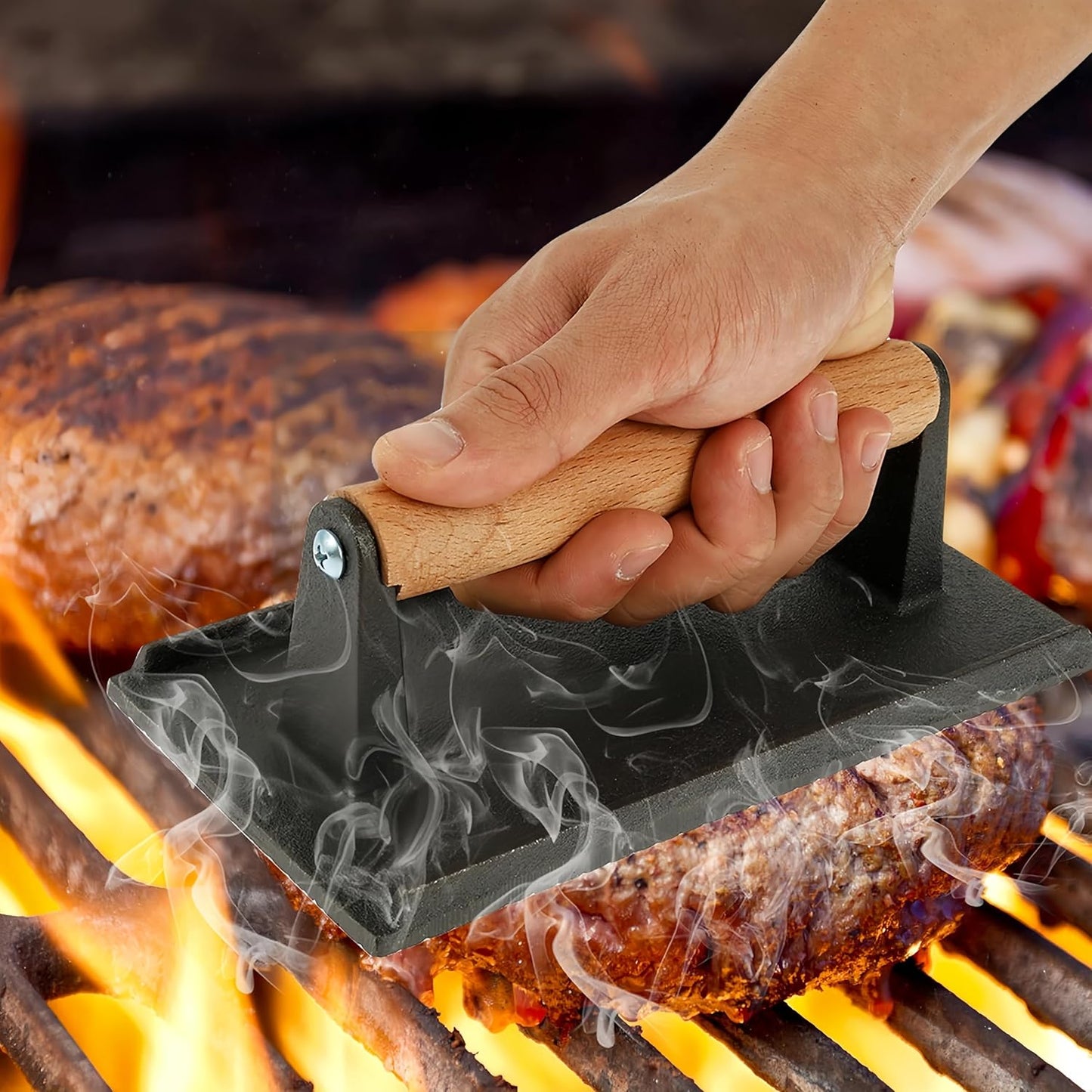 Parrilla de hierro fundido y prensa de tocino rectangular para hamburguesas con mango de madera