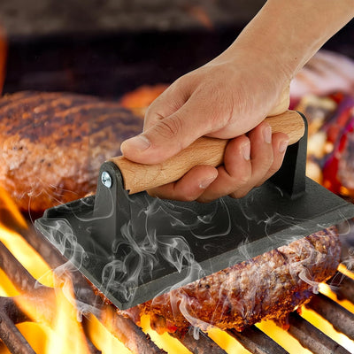 Parrilla de hierro fundido y prensa de tocino rectangular para hamburguesas con mango de madera