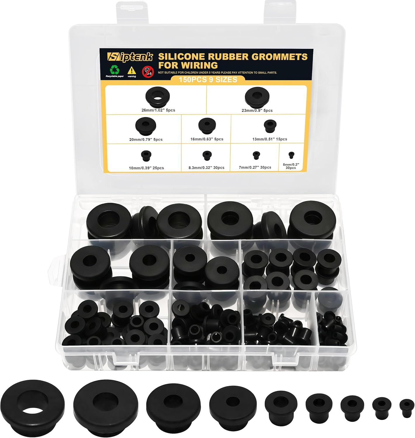 Kit 150 ojales silicona 9 tamaños agujero redondo negro