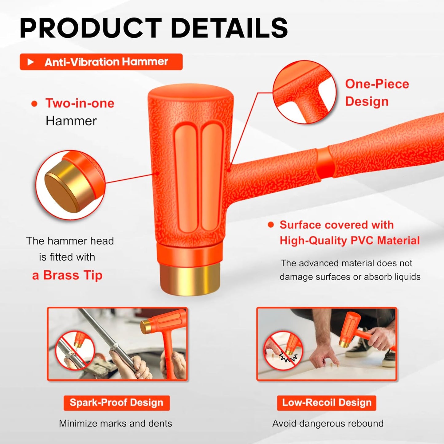Martillo muerto 24oz latón tapa naranja resistente