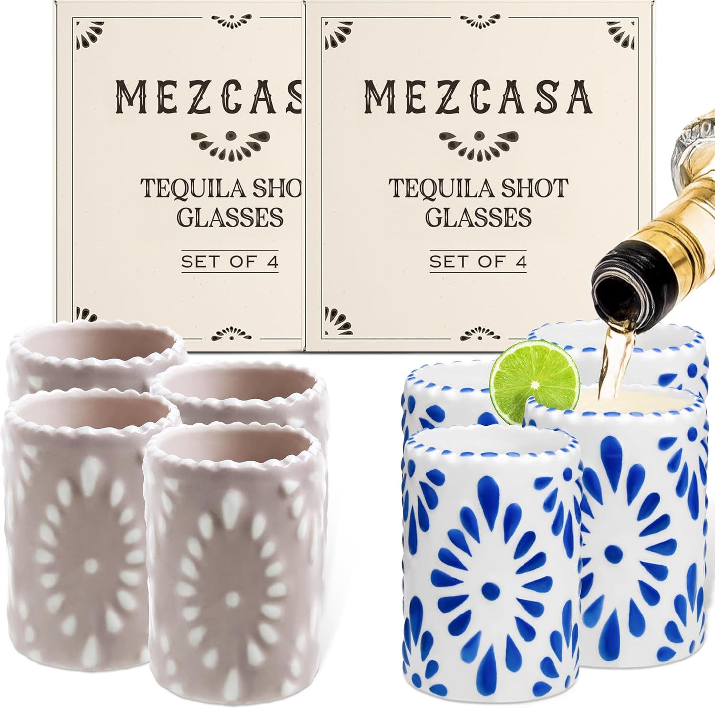 Set 8 Vasos Chupito Cerámica Talavera Azul Rosa Rubor