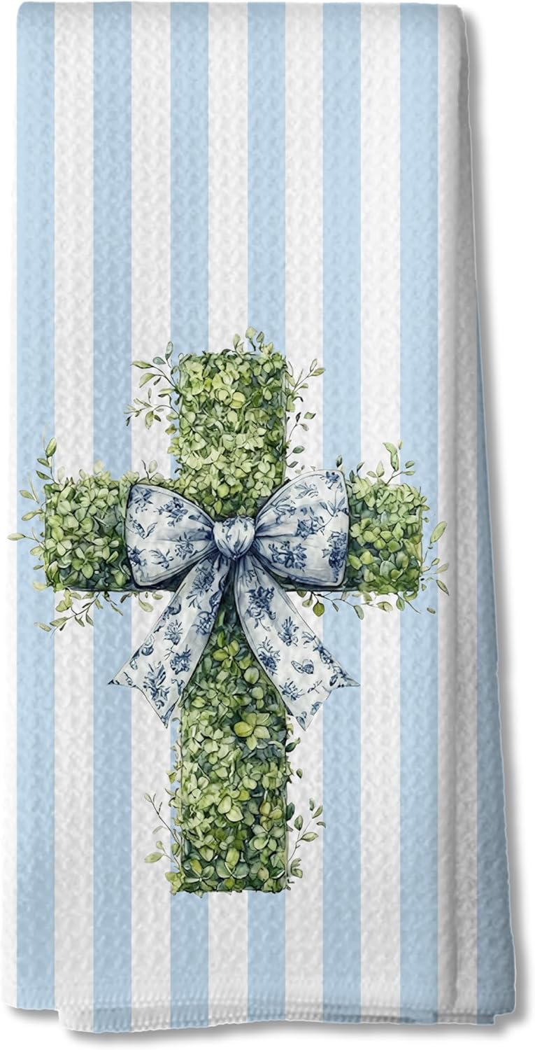 Toallas cocina chinoiserie con lazo cruz de Pascua azul y blanco