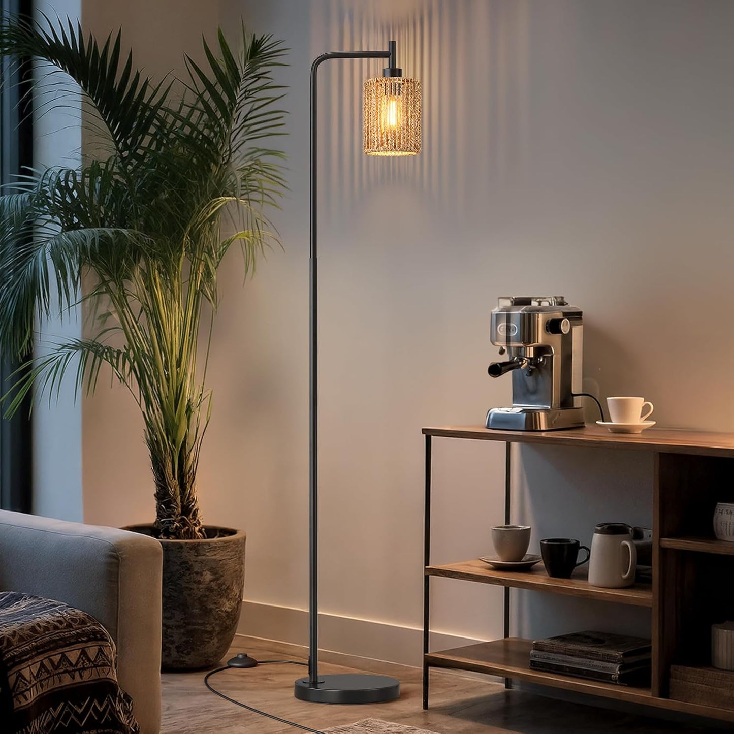 Lámpara pie negra 66pulg bohemia ratán LED interruptor