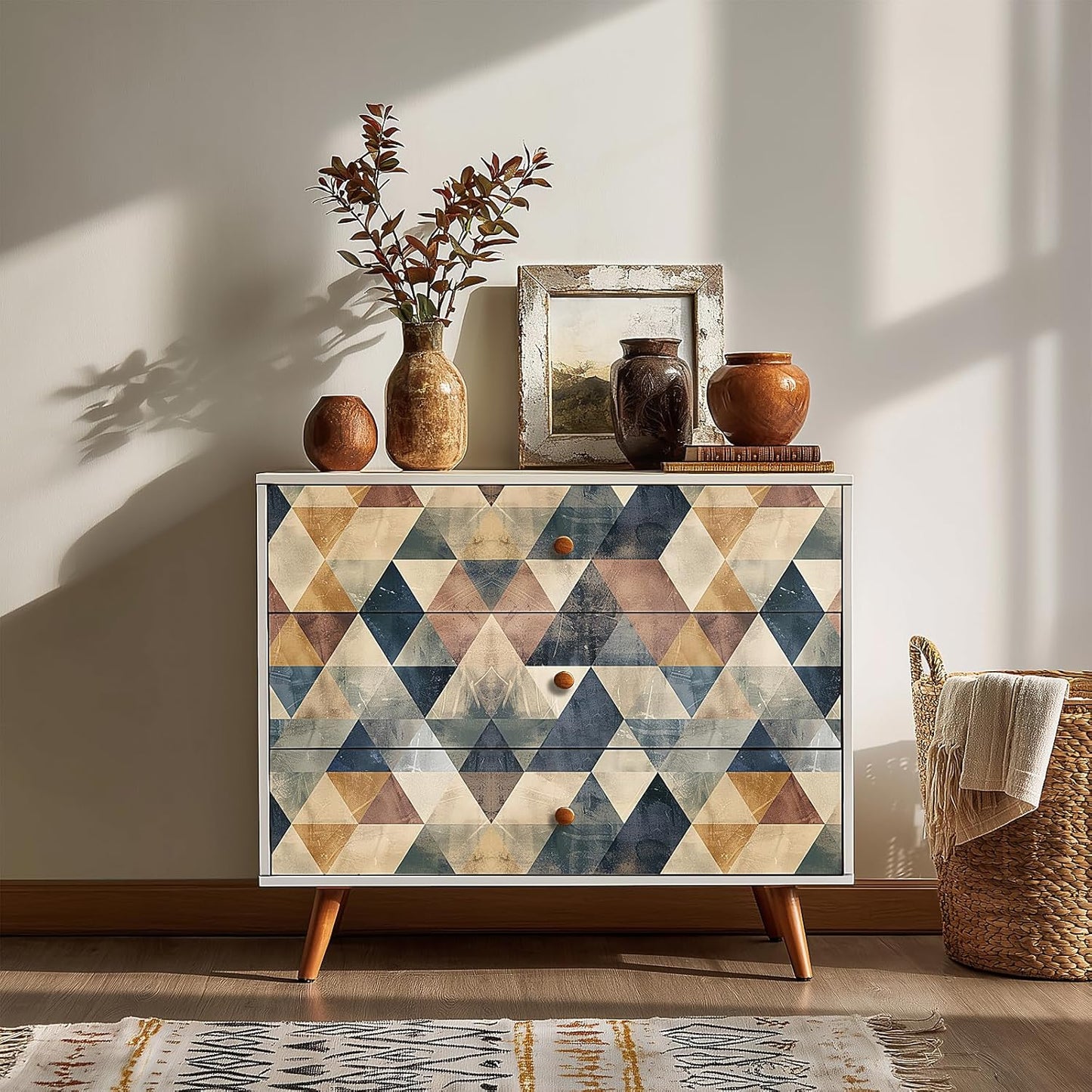Papel tapiz geométrico retro diamantes beige marrón azul