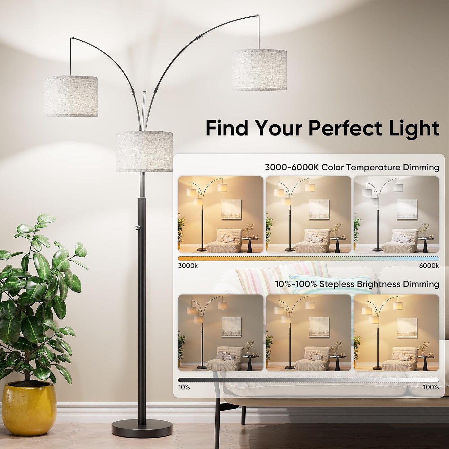 Lámpara pie RGBW 3 luces sala moderna ajustable control remoto