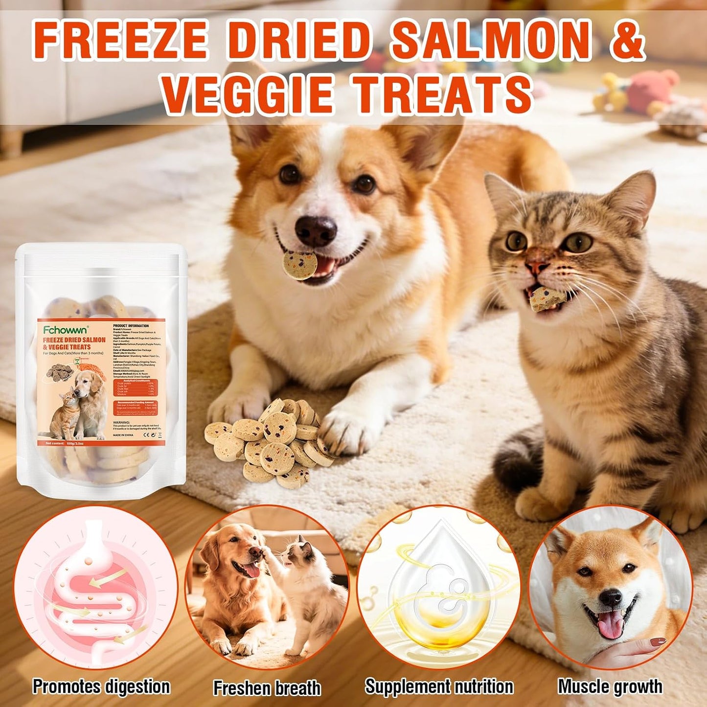Golosinas salmón y verduras deshidratadas 3.52oz para mascotas