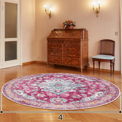 Alfombra redonda 4ft lavable sala niños antideslizante rojo rosa