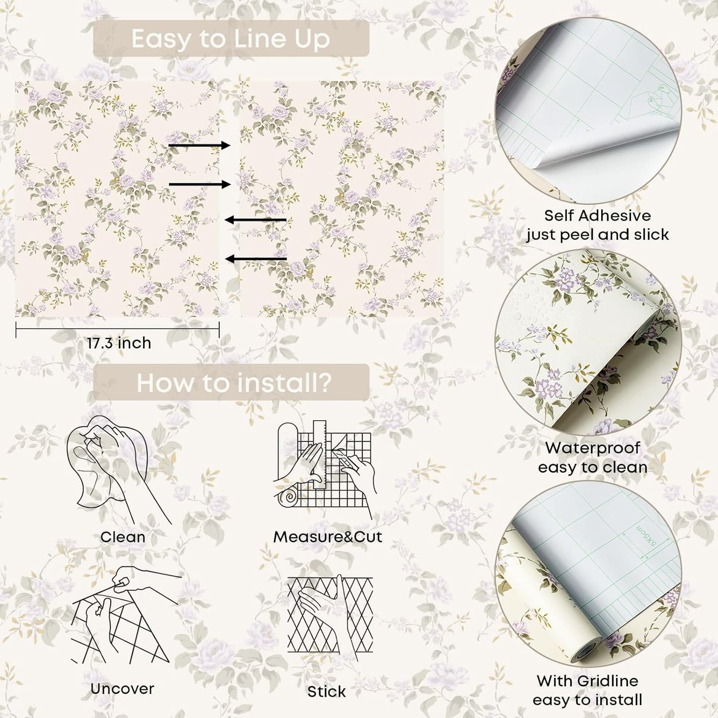 Papel tapiz floral autoadhesivo impermeable 17x79pulg dormitorio