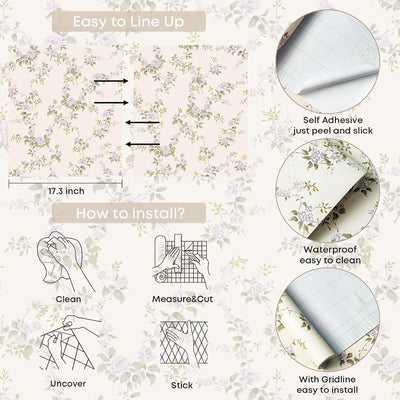 Papel tapiz floral autoadhesivo impermeable 17x79pulg dormitorio