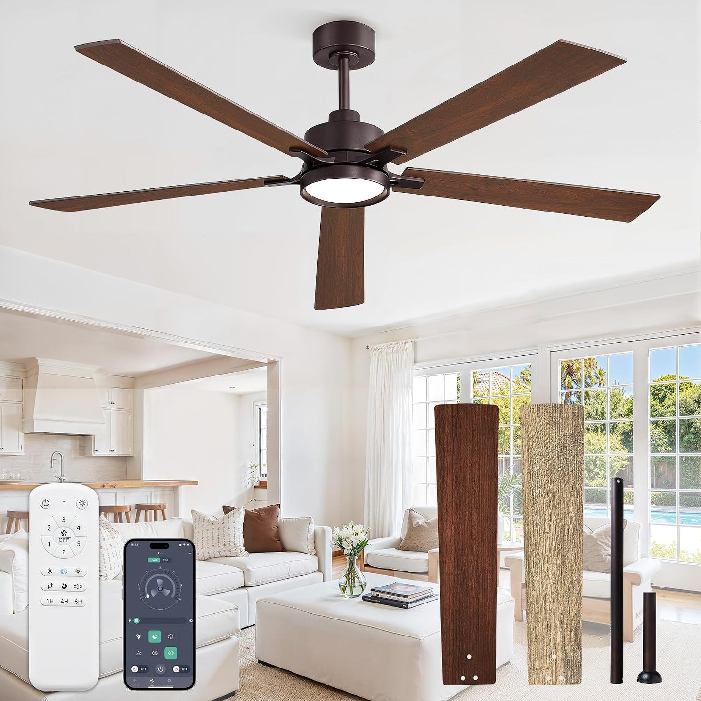 Ventilador techo 60pulg luz app control dimmable motor dc