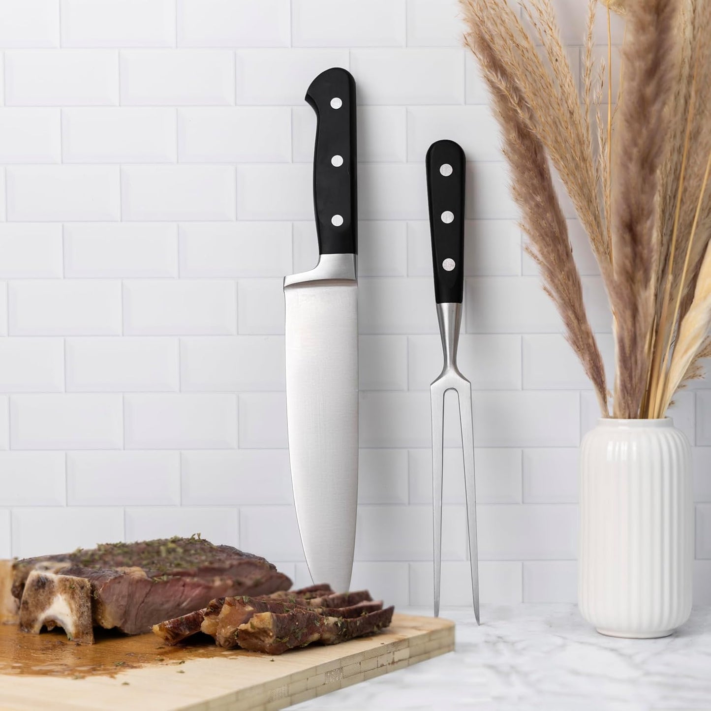 Juego tabla y cuchillo tallar carne doble punta