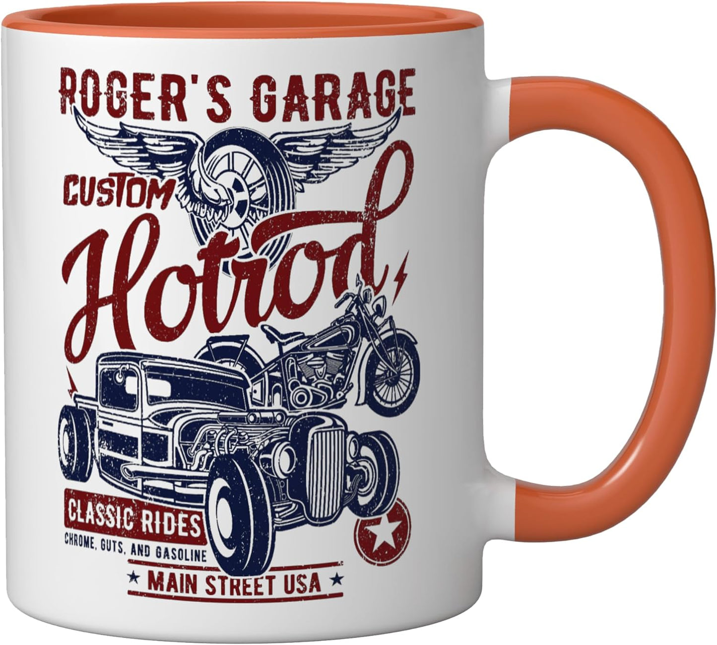 Taza cerámica Roger's Garage Hotrod Clásico Diseño Desgastado Naranja/Blanco