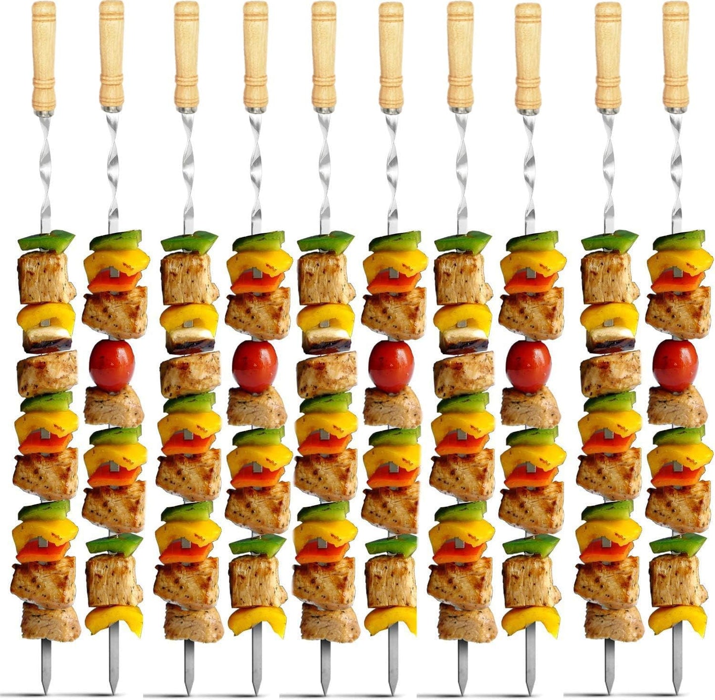 12 Pzas Brochetas Kabob Acero Inox 22pulg Mango Madera Antiderrap