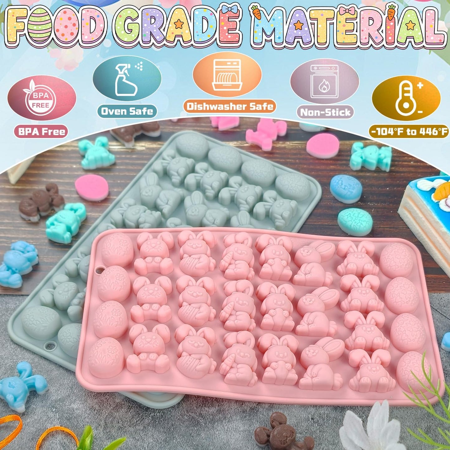 Moldes de silicona de Pascua con 27 formas de huevo y conejito antiadherente