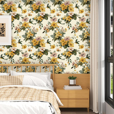 Papel tapiz floral amarillo autoadhesivo 17.5x118pulg