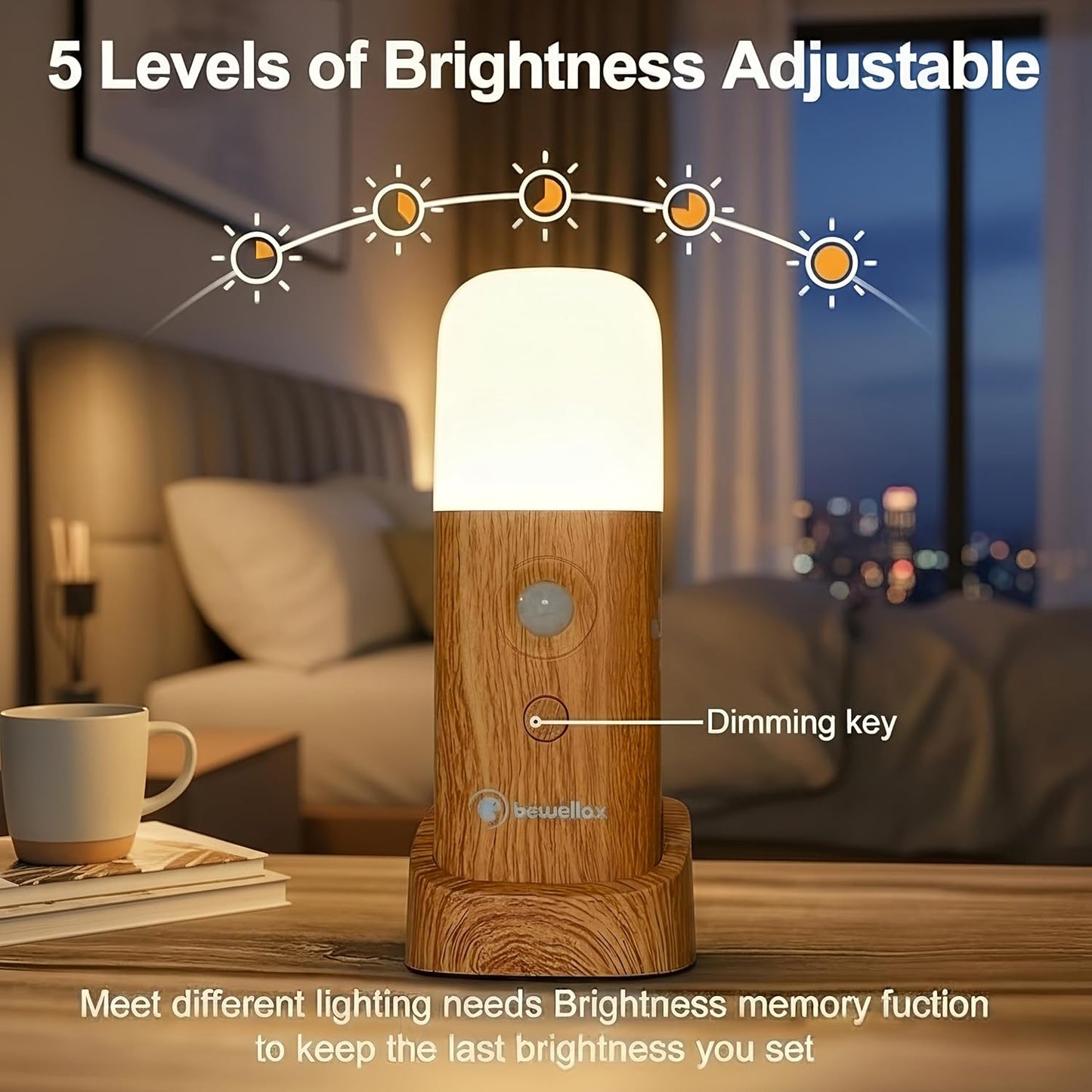 Luz nocturna LED inalámbrica sensor movimiento brillo cálido
