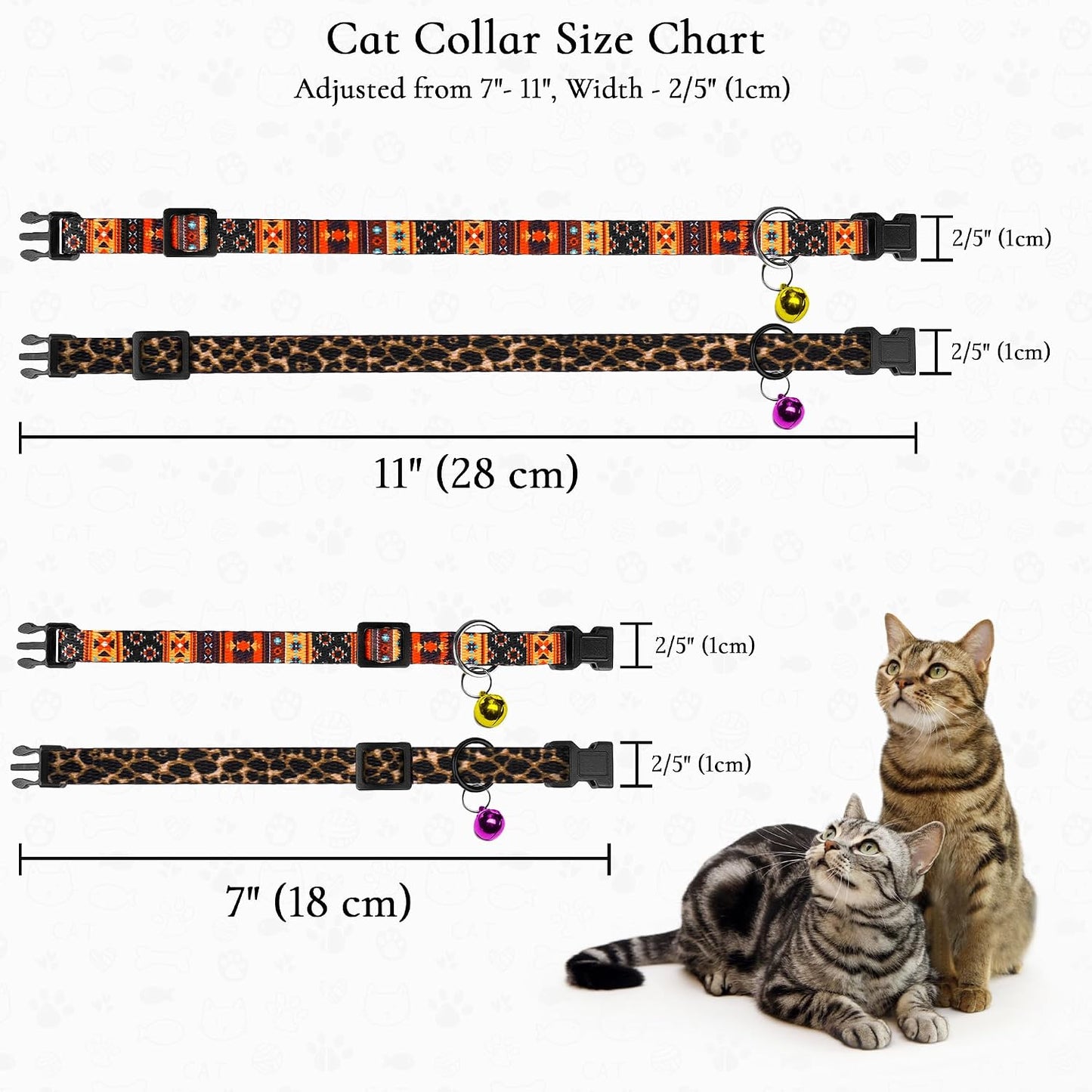 2 Collares Gato con Campana Ajustables Diseño Tribal Leopardo