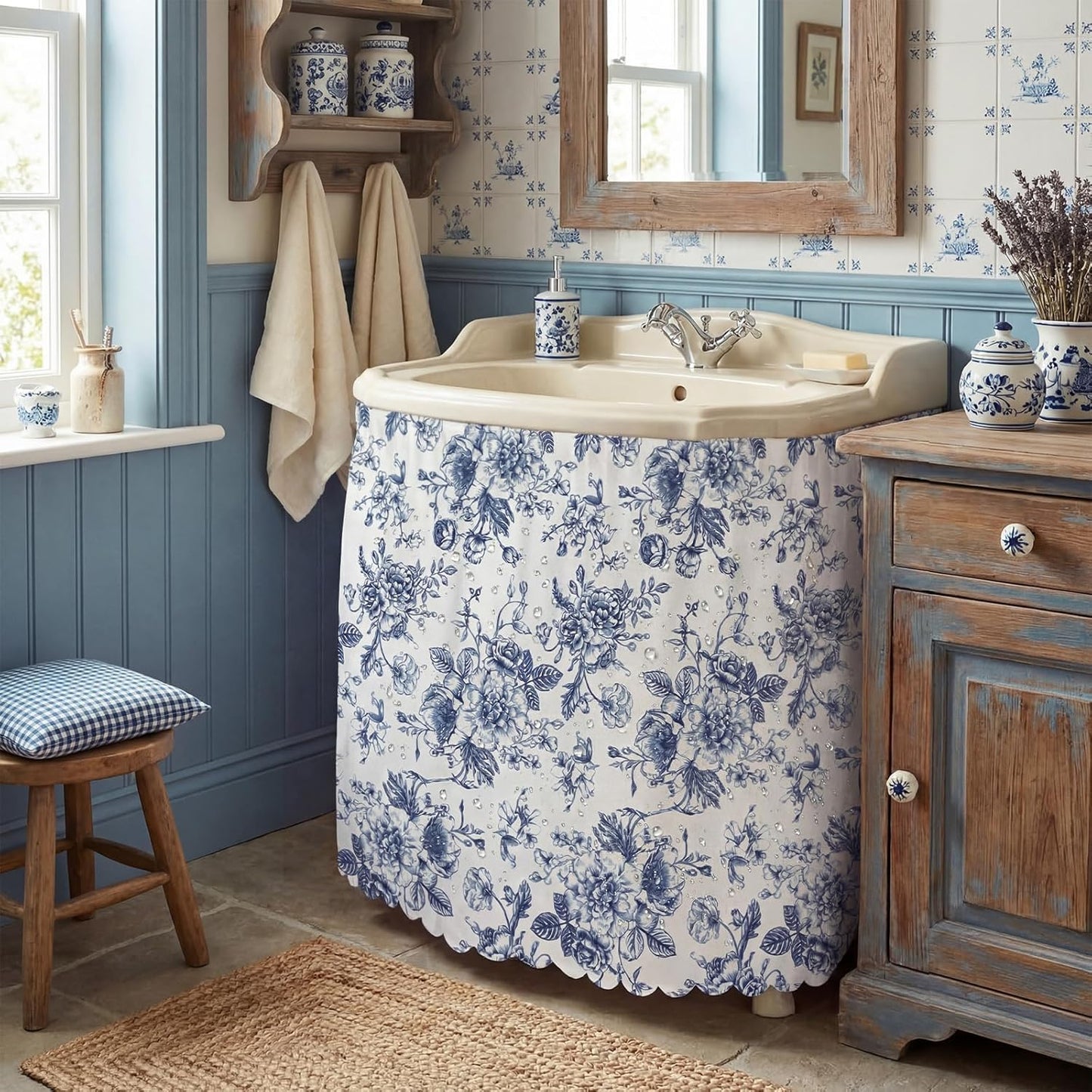 Falda baño floral azul autoadhesiva impermeable 55x32pulg